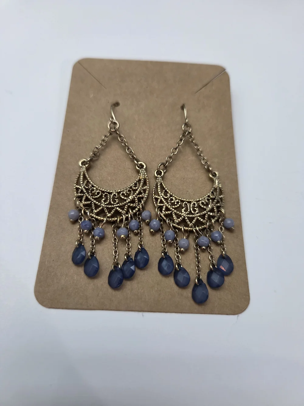 Gold Tone Filigree Chandelier Earrings with Blue Beads